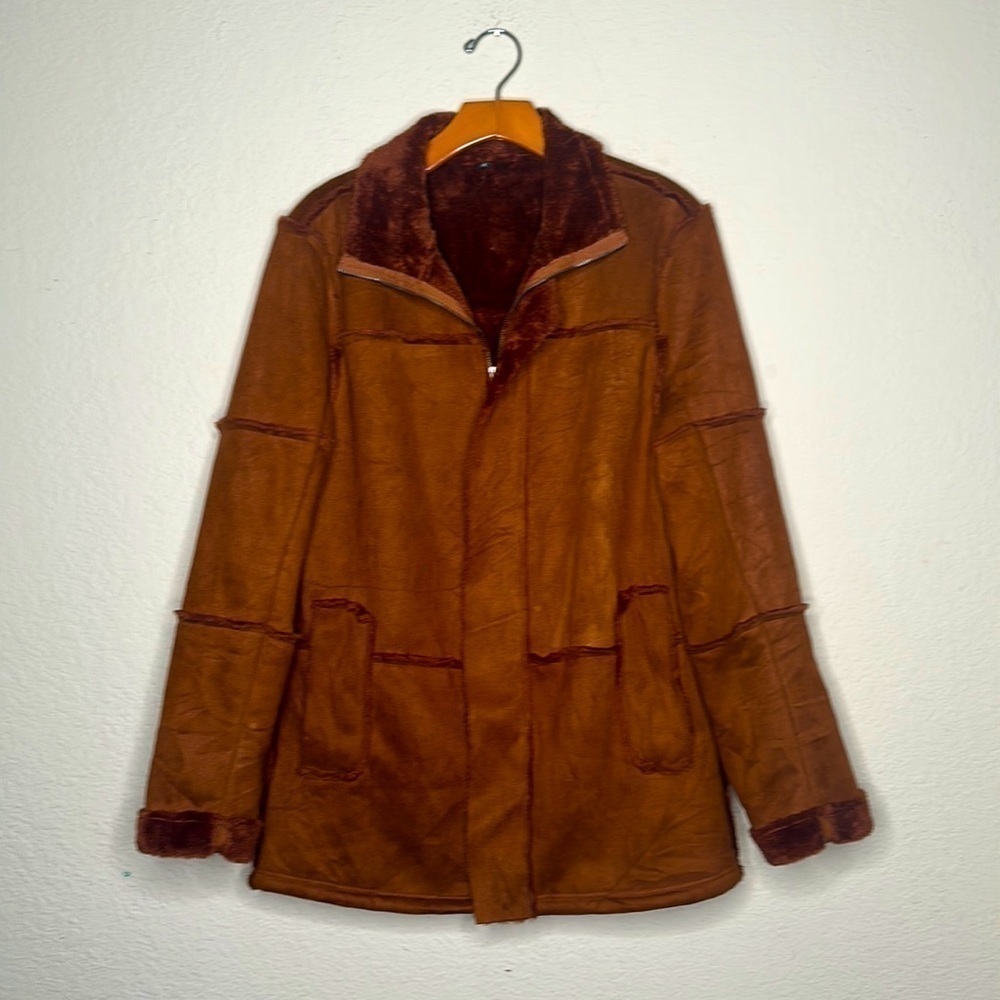 Faux Suede Patchwork Jacket Full Zip Mock Neck Te… - image 3